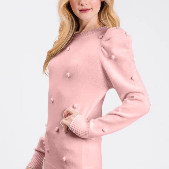 Aaron & Amber Light Pink Puff Sleeve Pom Pom Pullover Sweater (size M) - Picture 11 of 11